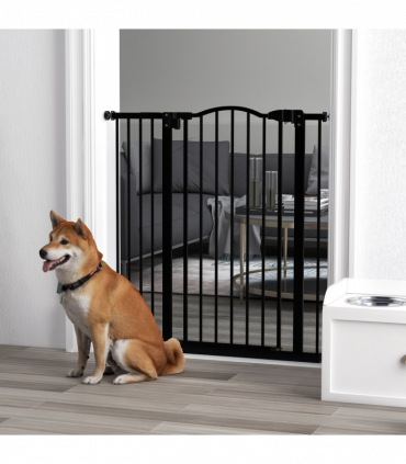 PawHut 74-94cm Adjustable Metal Pet Gate Safety Barrier w/ Auto-Close Door Black