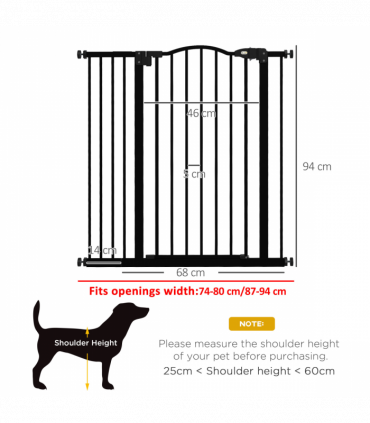 PawHut 74-94cm Adjustable Metal Pet Gate Safety Barrier w/ Auto-Close Door Black