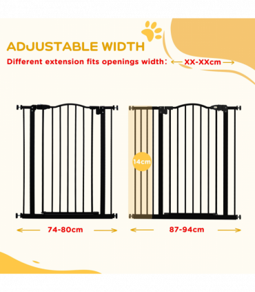 PawHut 74-94cm Adjustable Metal Pet Gate Safety Barrier w/ Auto-Close Door Black