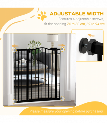 PawHut 74-94cm Adjustable Metal Pet Gate Safety Barrier w/ Auto-Close Door Black