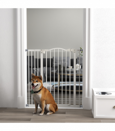 PawHut 74-94cm Adjustable Metal Pet Gate Safety Barrier w/ Auto-Close Door White