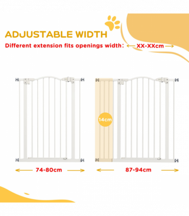 PawHut 74-94cm Adjustable Metal Pet Gate Safety Barrier w/ Auto-Close Door White