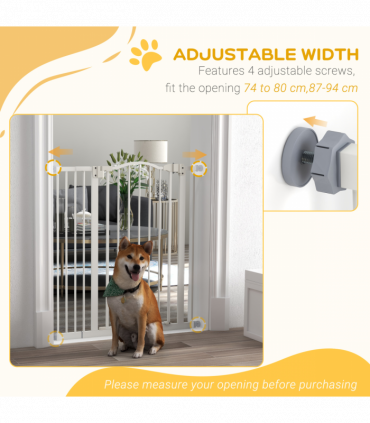 PawHut 74-94cm Adjustable Metal Pet Gate Safety Barrier w/ Auto-Close Door White