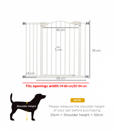 PawHut 74-94cm Adjustable Metal Pet Gate Safety Barrier w/ Auto-Close White