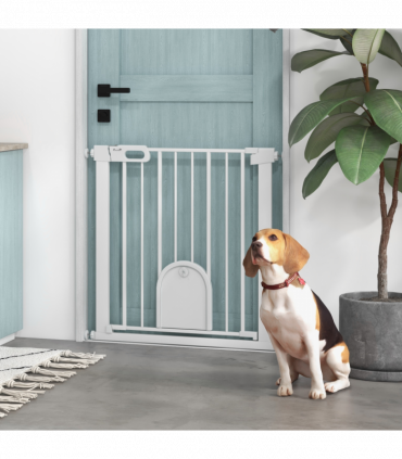PawHut 75-82 cm Pet Safety Gate Pressure Fit Stair w/ Small Door Double Locking
