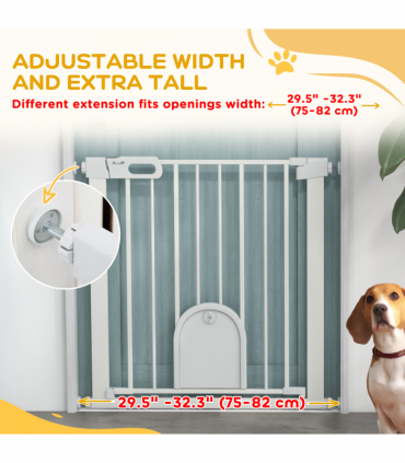 PawHut 75-82 cm Pet Safety Gate Pressure Fit Stair w/ Small Door Double Locking