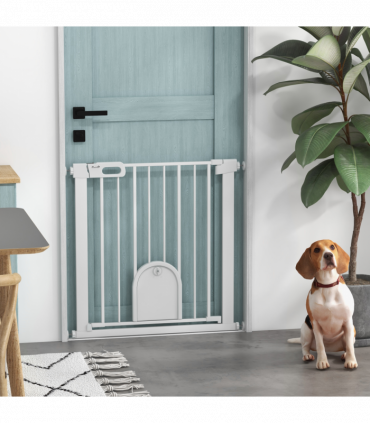 PawHut 75-82 cm Pet Safety Gate Pressure Fit Stair w/ Small Door Double Locking