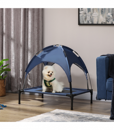 PawHut 76cm Elevated Dog Bed Cooling Raised Pet Cot UV Protection Canopy Blue