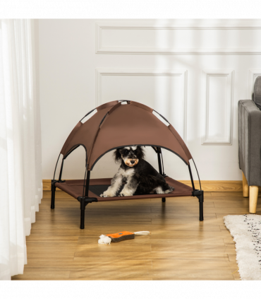 PawHut 76cm Elevated Dog Bed Cooling Raised Pet Cot UV Protection Canopy Coffee