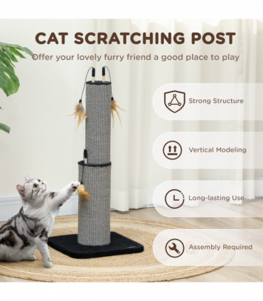 PawHut 78cm Tall Cat Scratching Post with 3 Toy Feathers, Black