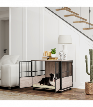 PawHut 80cm Dog Crate Furniture Dog Cage End Table Indoor w/ Doors, Cushion