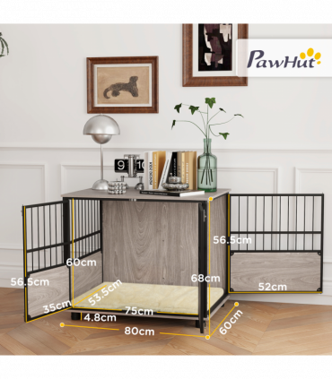PawHut 80cm Dog Crate Furniture Dog Cage End Table Indoor w/ Doors, Cushion