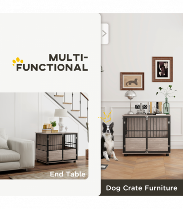 PawHut 80cm Dog Crate Furniture Dog Cage End Table Indoor w/ Doors, Cushion