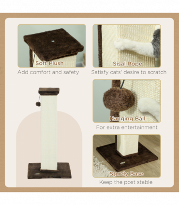 PawHut 81cm Cat Scratching Post w/ Sisal Rope, Hanging Ball Soft Plush Brown