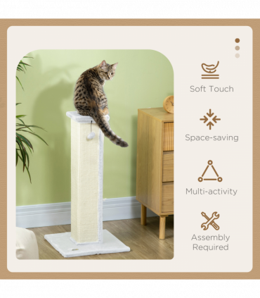 PawHut 81cm Cat Scratching Post w/ Sisal Rope, Hanging Ball Soft Plush White