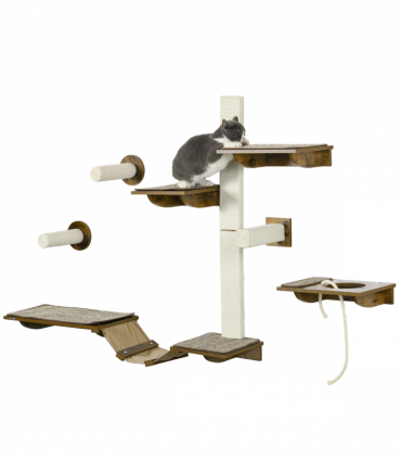 PawHut 8Pcs Wall Mounted Cat Shelves w/ Posts, Perches, Ladder - Brown