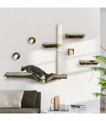 PawHut 8Pcs Wall Mounted Cat Shelves w/ Posts, Perches, Ladder - Brown