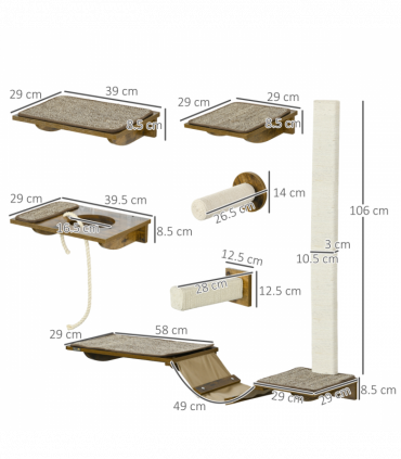 PawHut 8Pcs Wall Mounted Cat Shelves w/ Posts, Perches, Ladder - Brown