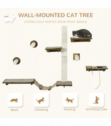 PawHut 8Pcs Wall Mounted Cat Shelves w/ Posts, Perches, Ladder - Brown
