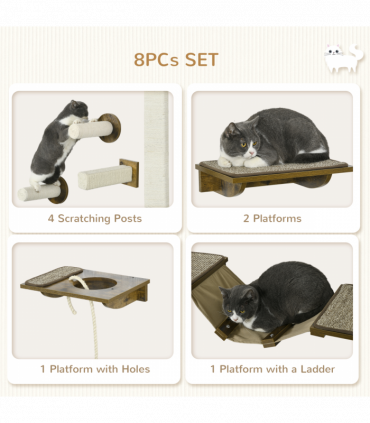 PawHut 8Pcs Wall Mounted Cat Shelves w/ Posts, Perches, Ladder - Brown