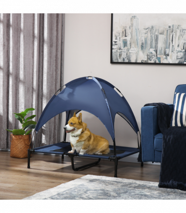PawHut 92cm Elevated Dog Bed Cooling Raised Pet Cot UV Protection Canopy Blue