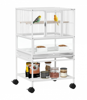 PawHut Bird Cage Parrot Cage with Rolling Stand Acrylic Viewing Panels White