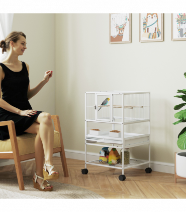 PawHut Bird Cage Parrot Cage with Rolling Stand Acrylic Viewing Panels White