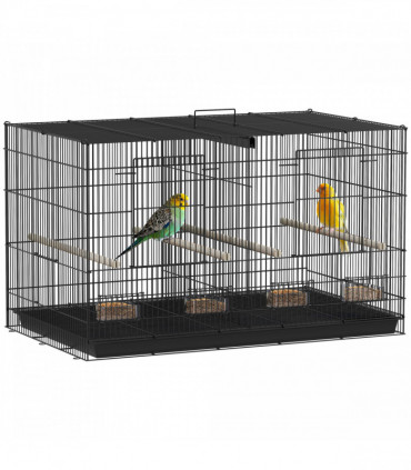 PawHut Bird Cage with Divider, 4 Wooden Perches, Slide Out Tray, Black