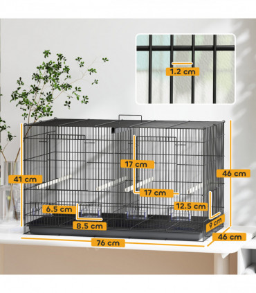 PawHut Bird Cage with Divider, 4 Wooden Perches, Slide Out Tray, Black
