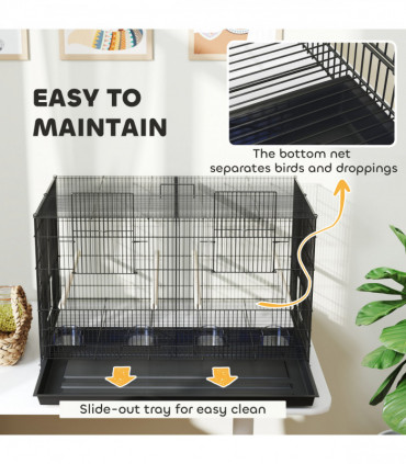 PawHut Bird Cage with Divider, 4 Wooden Perches, Slide Out Tray, Black