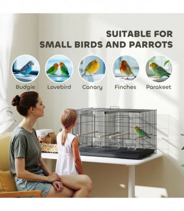 PawHut Bird Cage with Divider, 4 Wooden Perches, Slide Out Tray, Black