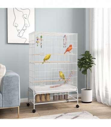 PawHut Bird Cage with Stand, Wheels, Toys, for Budgies, Finches, White