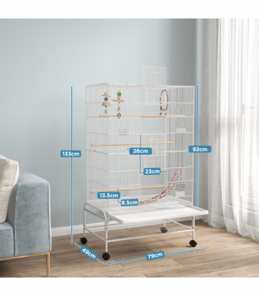 PawHut Bird Cage with Stand, Wheels, Toys, for Budgies, Finches, White