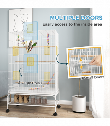 PawHut Bird Cage with Stand, Wheels, Toys, for Budgies, Finches, White