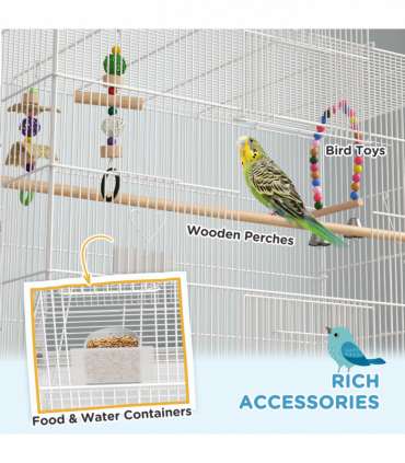 PawHut Bird Cage with Stand, Wheels, Toys, for Budgies, Finches, White