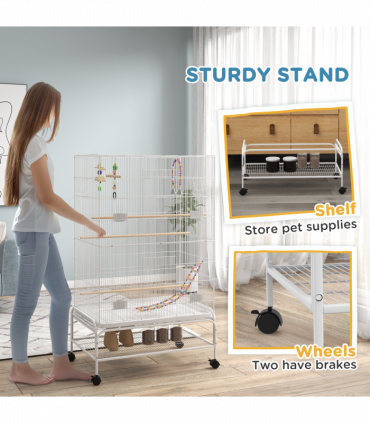 PawHut Bird Cage with Stand, Wheels, Toys, for Budgies, Finches, White
