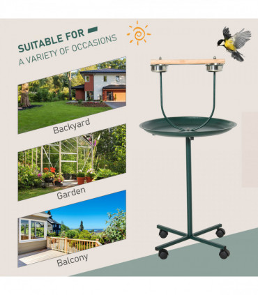 PawHut Bird Perch Stand, T-Stand Bird Training with Perch, Wheels, Bowls, Green