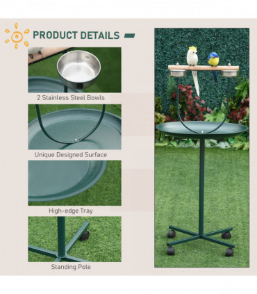 PawHut Bird Perch Stand, T-Stand Bird Training with Perch, Wheels, Bowls, Green