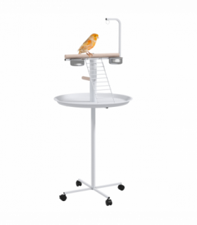 PawHut Bird Table with Four Wheels, Perches, Stainless Steel Bowls, Round Tray