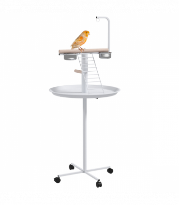 PawHut Bird Table with Four Wheels, Perches, Stainless Steel Bowls, Round Tray