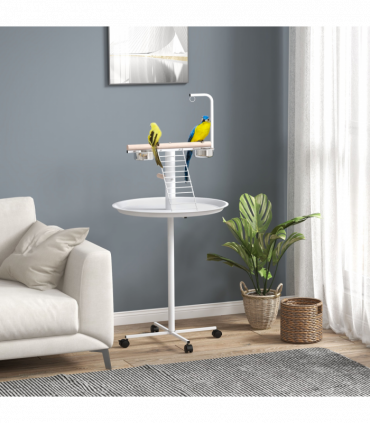 PawHut Bird Table with Four Wheels, Perches, Stainless Steel Bowls, Round Tray