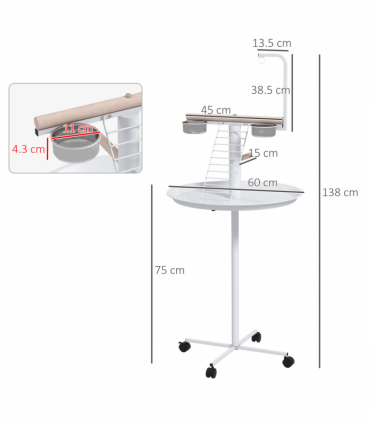 PawHut Bird Table with Four Wheels, Perches, Stainless Steel Bowls, Round Tray