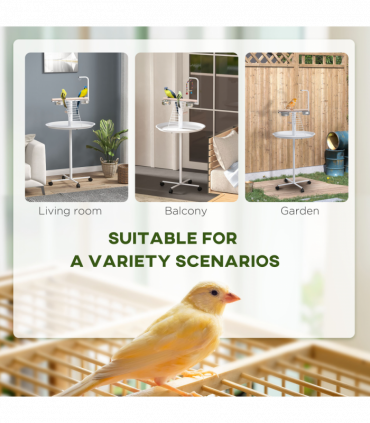 PawHut Bird Table with Four Wheels, Perches, Stainless Steel Bowls, Round Tray