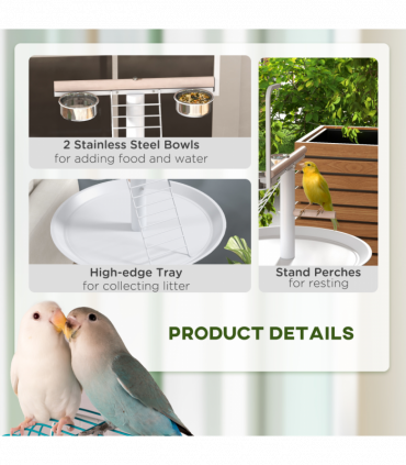 PawHut Bird Table with Four Wheels, Perches, Stainless Steel Bowls, Round Tray