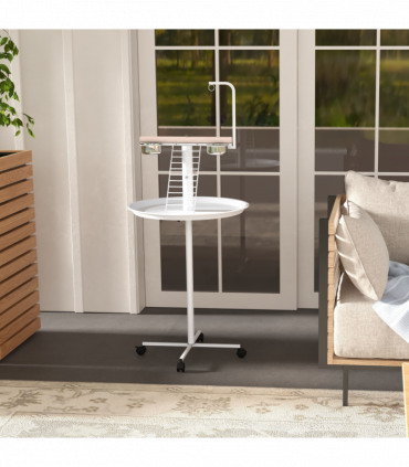 PawHut Bird Table with Four Wheels, Perches, Stainless Steel Bowls, Round Tray