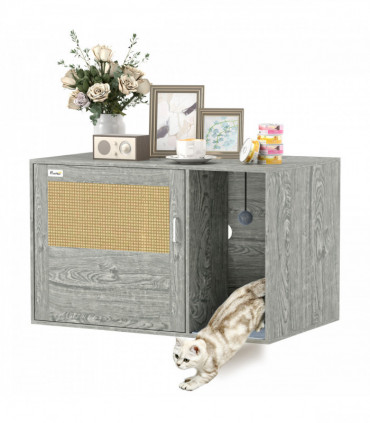 PawHut Boho Style Cat Litter Box Enclosure with Rattan Door, Scratching Mat