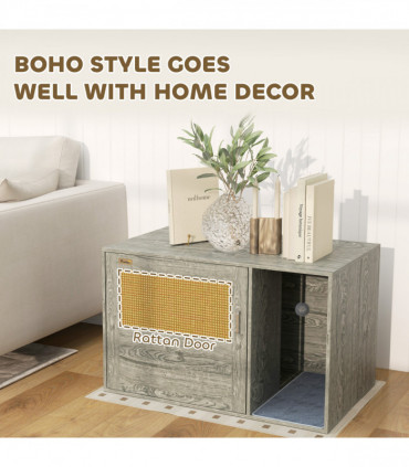 PawHut Boho Style Cat Litter Box Enclosure with Rattan Door, Scratching Mat