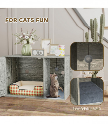 PawHut Boho Style Cat Litter Box Enclosure with Rattan Door, Scratching Mat