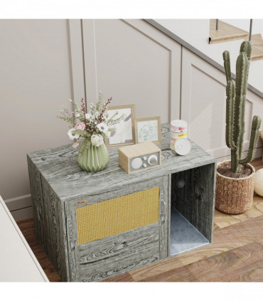 PawHut Boho Style Cat Litter Box Enclosure with Rattan Door, Scratching Mat