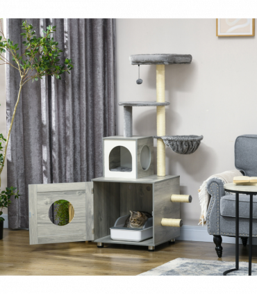 PawHut Cat Litter Box Enclosure, with Cat House, Bed, Scratching Posts, Platform